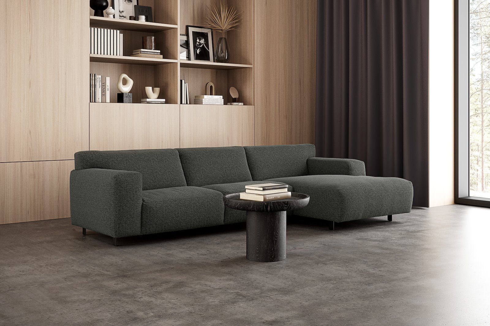 Vesta 2,5-seter med sjeselong høyre I Tekstil Cortina Grey, standardsøm, sort metallben 10 cm, Comfort CM