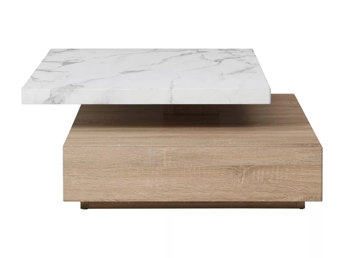 Table basse pivotante avec 1 tiroir en MDF - Effet marbre blanc et Naturel - KYRIA