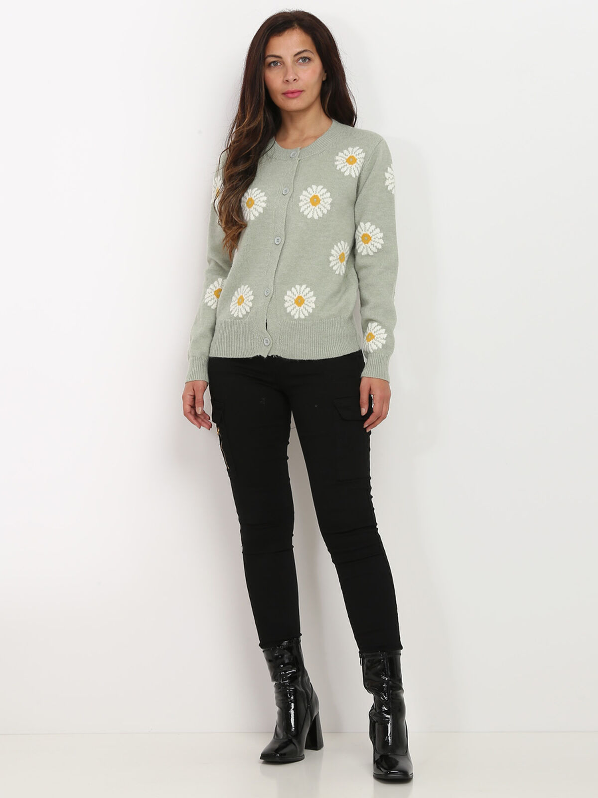 Gilet en maille à motif floral- Vert clair