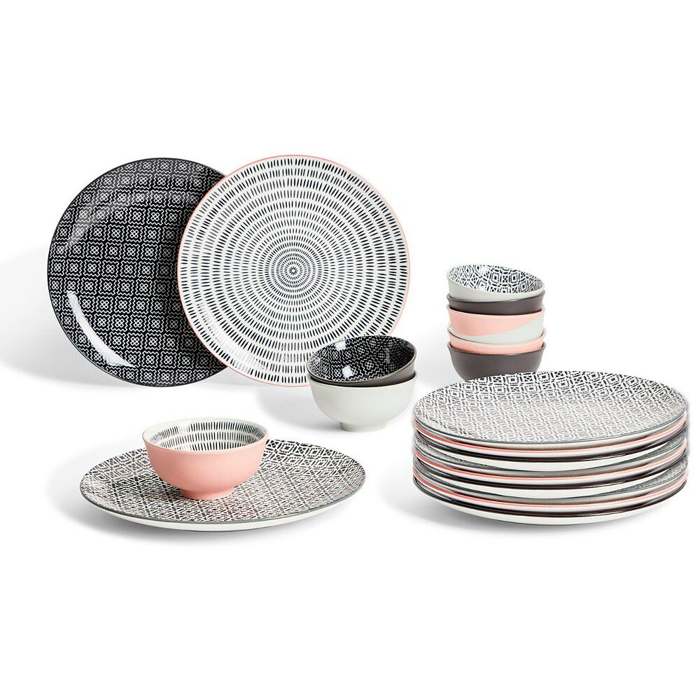 Assiette plate ronde motif géométrique noir et blanc