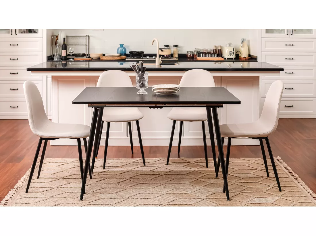 URBAN MEUBLE Table de salle à manger rectangulaire extensible noir effet bois de style scandinave pieds noir 120-160 WHALEN DARK WOOD STRETCH TABLE BLACK LEG