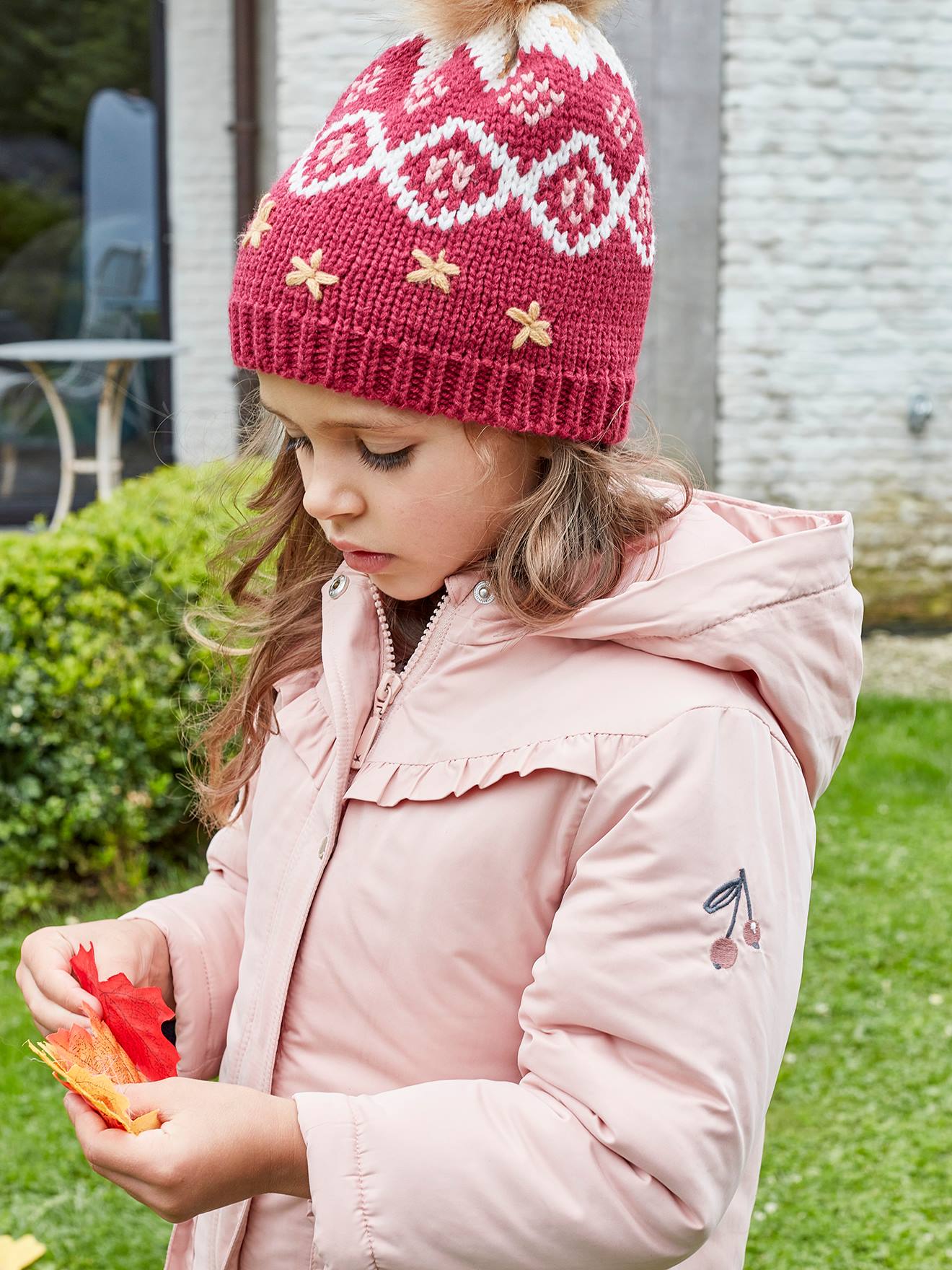Parka com capuz 3 em 1, jaqueta acolchoada e enchimento de poliéster reciclado, para meninas, rosa escuro liso.