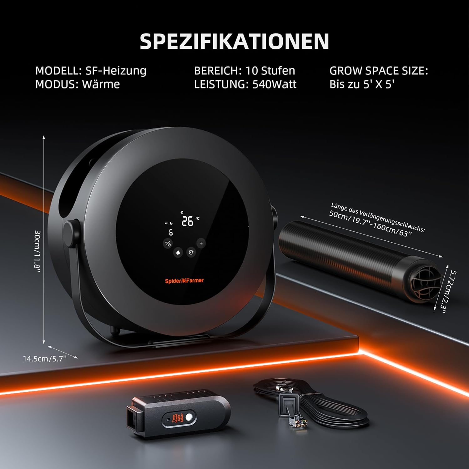 Spider Farmer Heizlüfter,540W Heizung Intelligente Temperaturregelung Energiesparend Leise,4 Modi und 24 Std. Timer, 10-PTC Heizung und Lüftungsrohr, Geeignet für Pflanzenräume und Growzelte