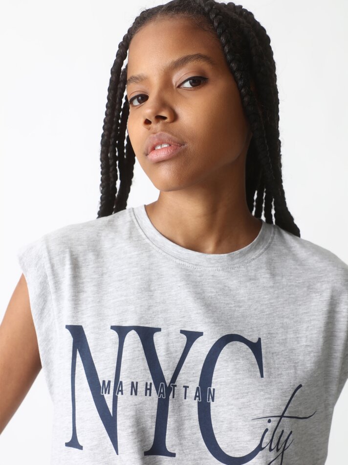 Blusa sem mangas com estampa - Cinza Mesclado