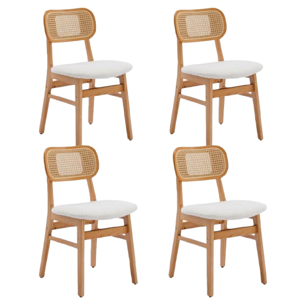 Lot de 4 chaises en bois avec dossier en rotin et assise rembourrée – Style scandinave naturel