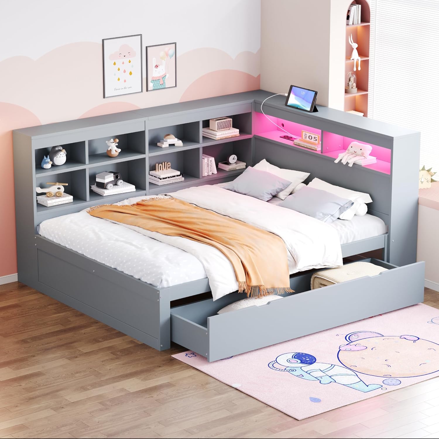 Merax Schlafsofa 140 x 200 cm mit Schubladen, Holz Bett mit USB-Steckdose und LED-Lichtleiste, Grau (Ohne Matratze)