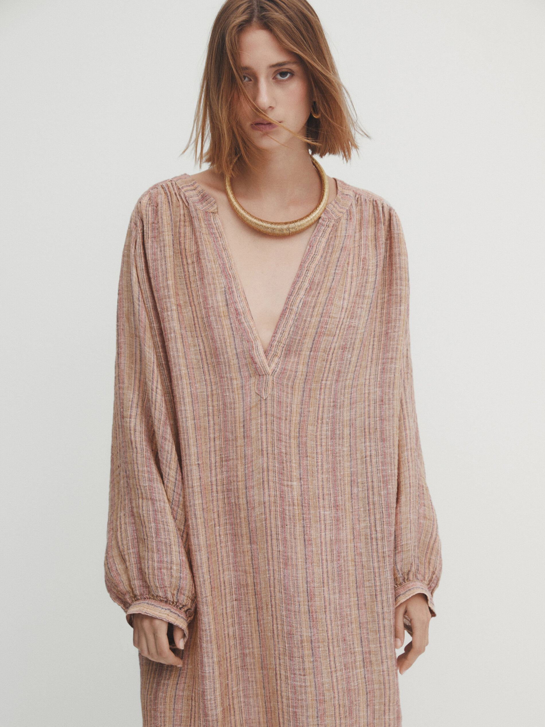 Vestido túnica de linho Rayas mezcla - Combinado