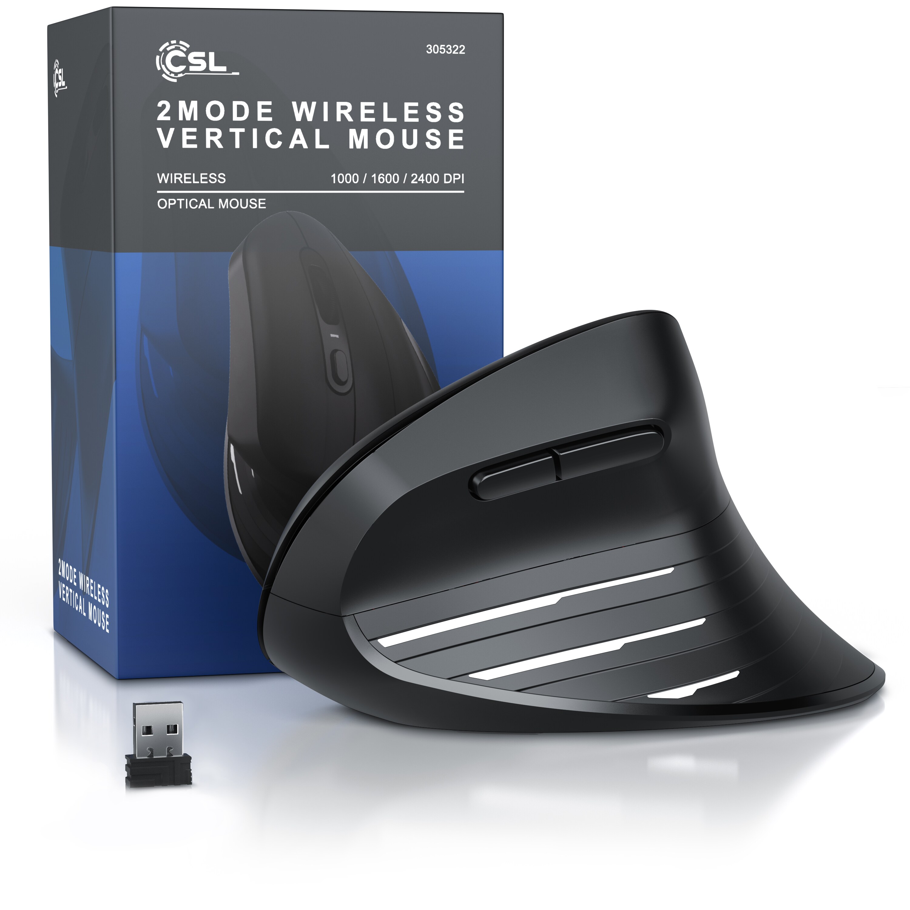 CSL ergonomische Maus, Funk, Vertikal, optisch, kabellos, 2,4Ghz & Bluetooth, Armschonend, 2400 dpi