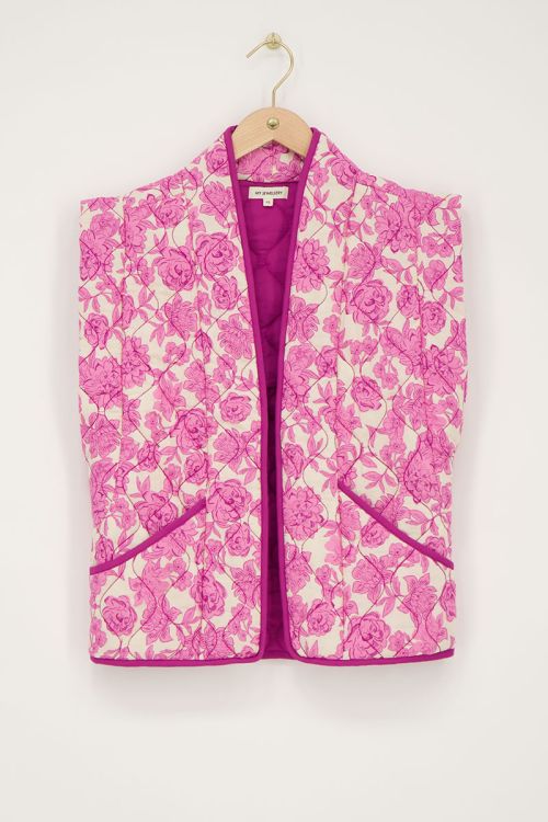 Beige gewatteerd gilet met roze en paarse bloemenprint