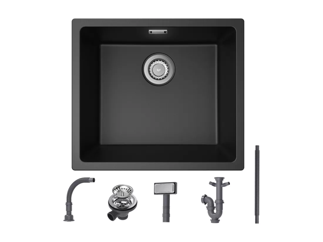 CECIPA MAX Evier 1 Bac en Quartz et Résine Noir Gris 50*44*20cm + Robinet Cuisine avec Douchette, Mitigeur Extractible Brossé