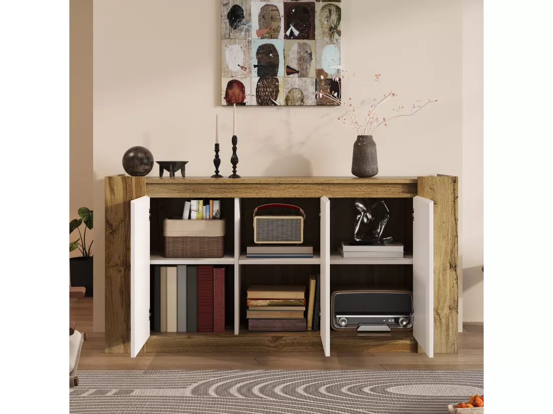 Buffet 150x40x70.5cm - 3 portes - design sans poignées - étagères réglables - blanc + naturel