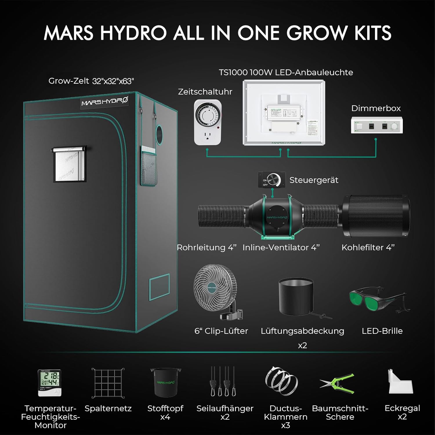 Mars Hydro Growzelt Komplettset,TS1000 Dimmbar Grow Lampe,80X80X160cm1680D Hoch Reflektierend Mylar Grow Box Komplettset,mit 4