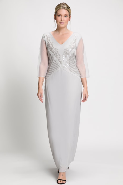 Abendkleid, Perlenstickerei, V-Ausschnitt, 3/4-Arm