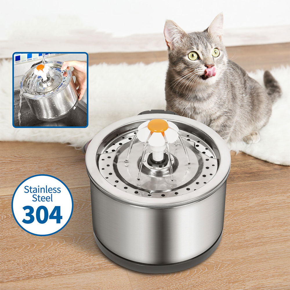 (2.5L) Edelstahl Katzen Trinkbrunnen USB Hunde Wasserspender - Silber