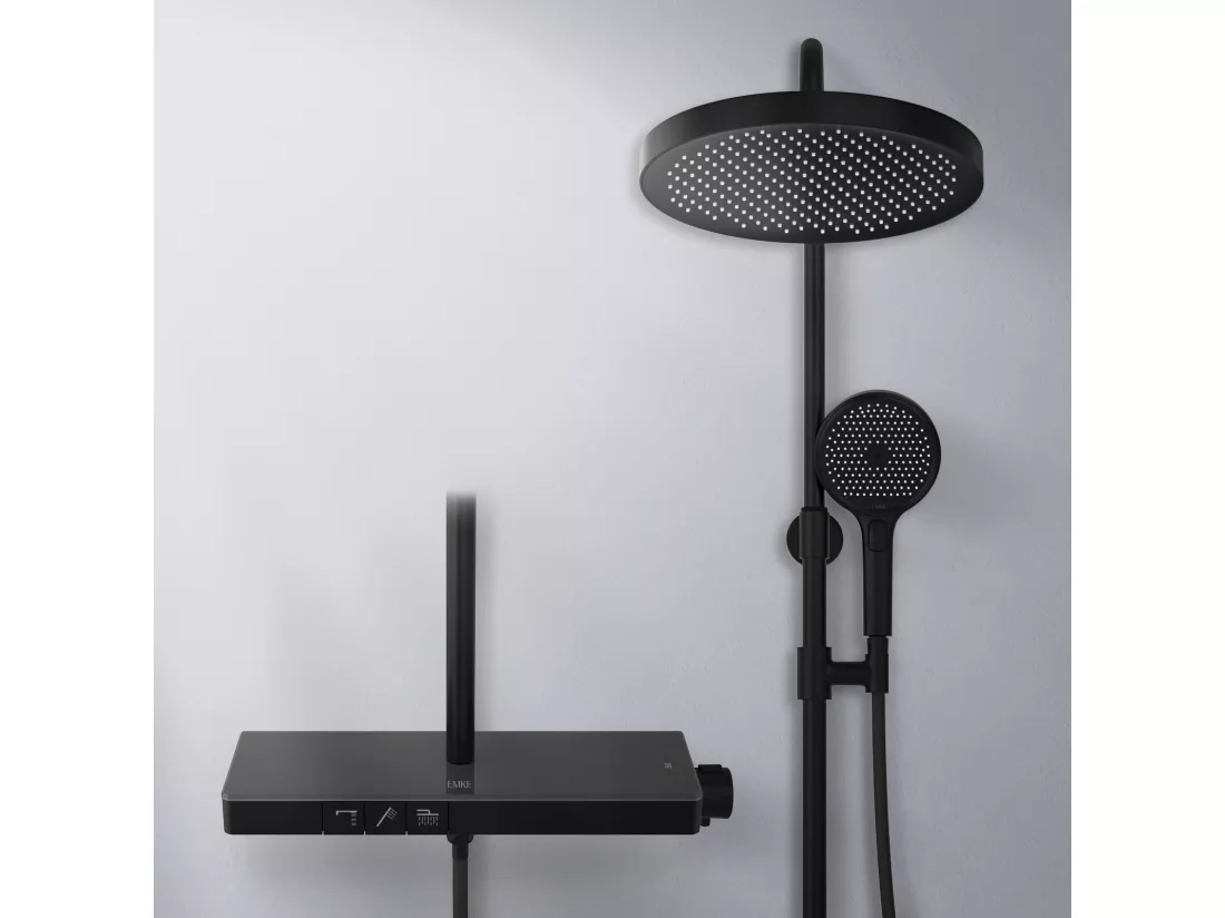 EMKE Colonne de Douche avec douche theramostat 38 °C à Grande douche de tête et douchette multimode, Cercle, noir