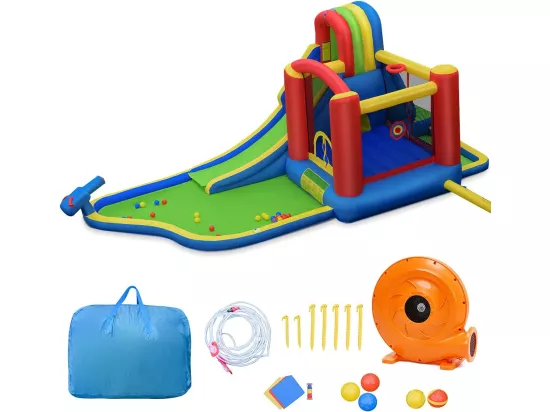 Château Gonflable avec Soufleur 450W, Aires de Jeux avec Toboggan, Mur d’Escalade, Trampoline&Canon Eau pour Enfant 3-10 Ans