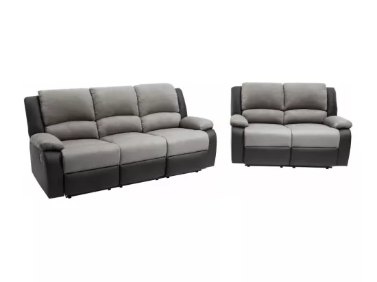 Ensemble de Canapés Relaxation manuel 3 et 2 places Microfibre Grise / Simili Noir Léo - Loungitude