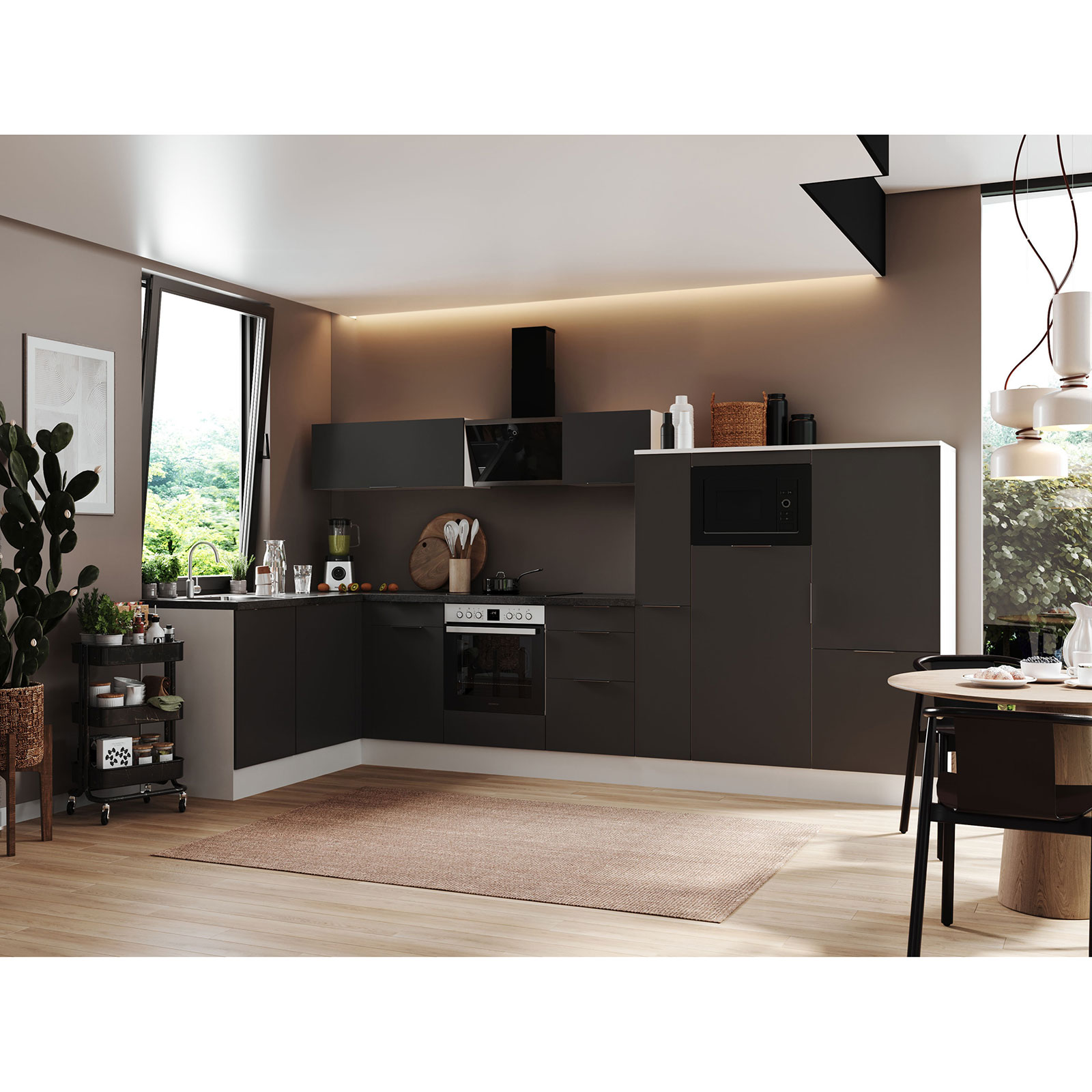 RESPEKTA Winkelküche - grau-matt - weiß matt - mit E-Geräten - 370x175 cm
