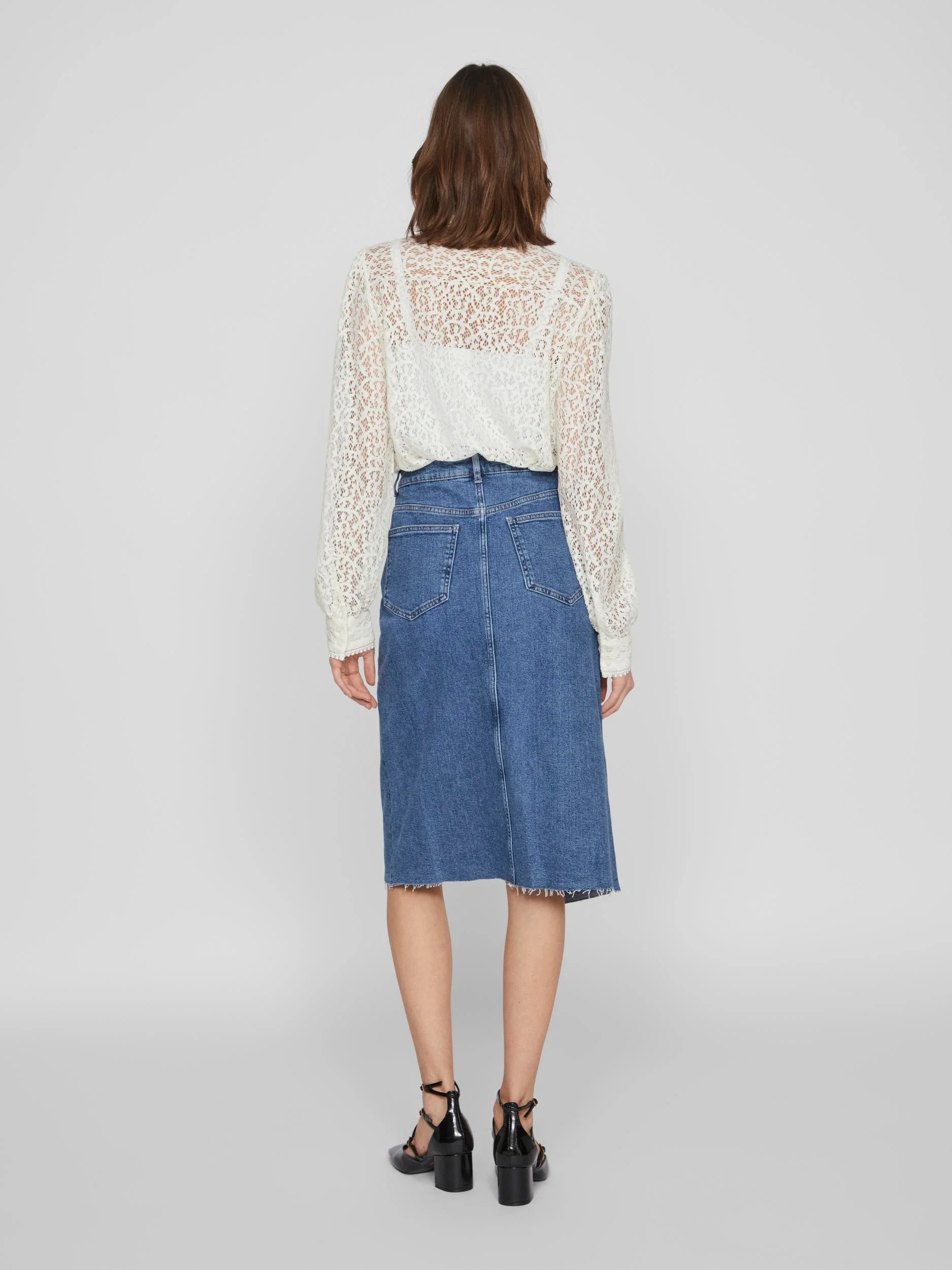 Vila  Visol RW Midi Slit denimnederdel - Medium Blue Denim