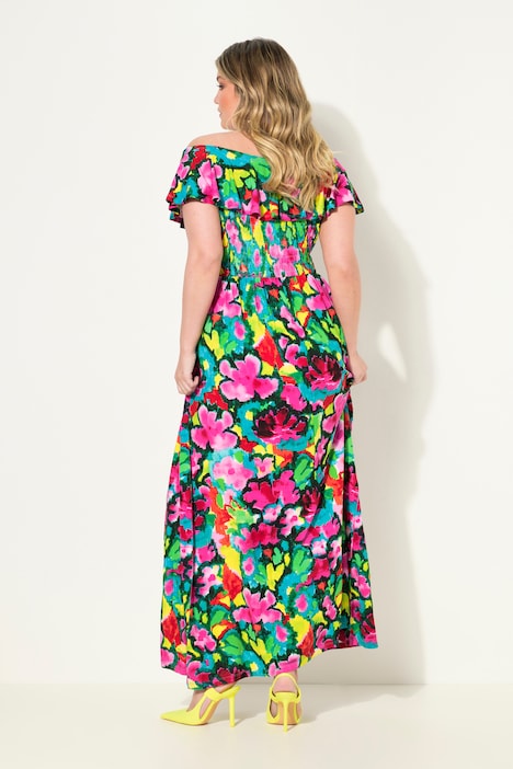 Jersey-Maxikleid, Blumendruck, gesmokte Büste, Carmenausschnitt, Halbarm
