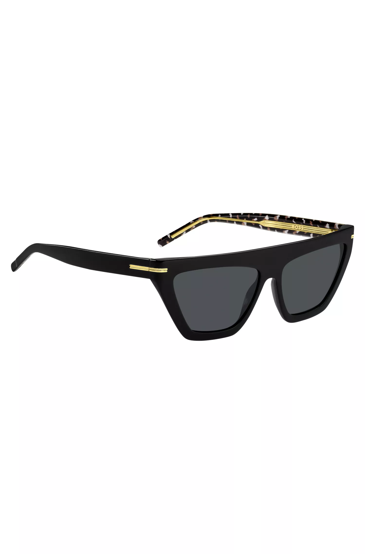 Óculos de sol BOSS em acetato preto com detalhes dourados.