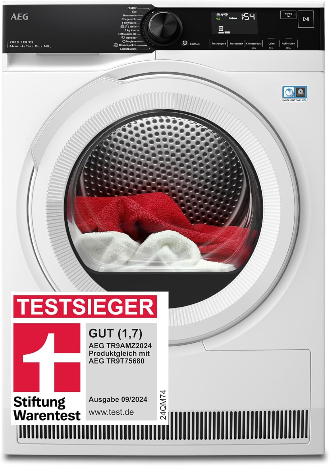 AEG Wärmepumpentrockner 8 kg, Testsieger der Stiftung Warentest, Serie 9000 AbsoluteCarePlus - Daunentrocknung, 3D-Scan Restfeuchteermittlung, C, Knitterschutz, Trommelbeleuchtung, TR9AMZ2024