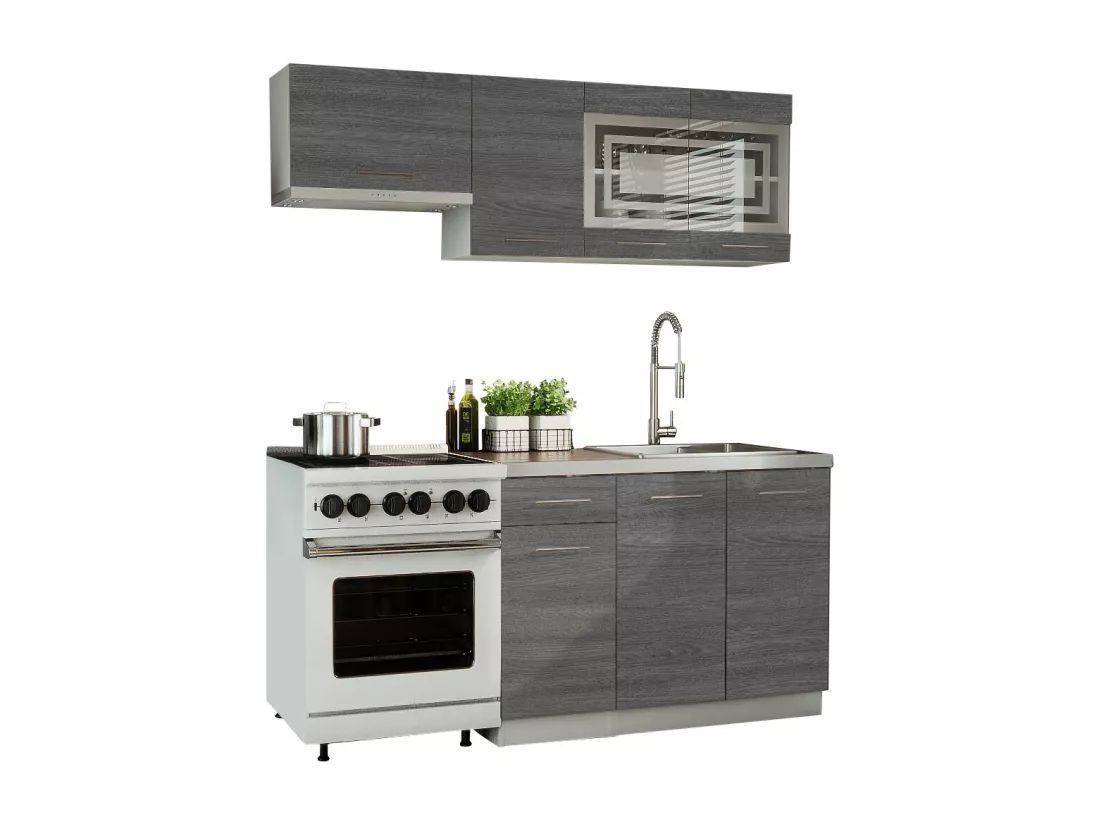 Cuisine GIOVANNA 5 éléments - bois grisé 1m80 - portes vitrées à motif