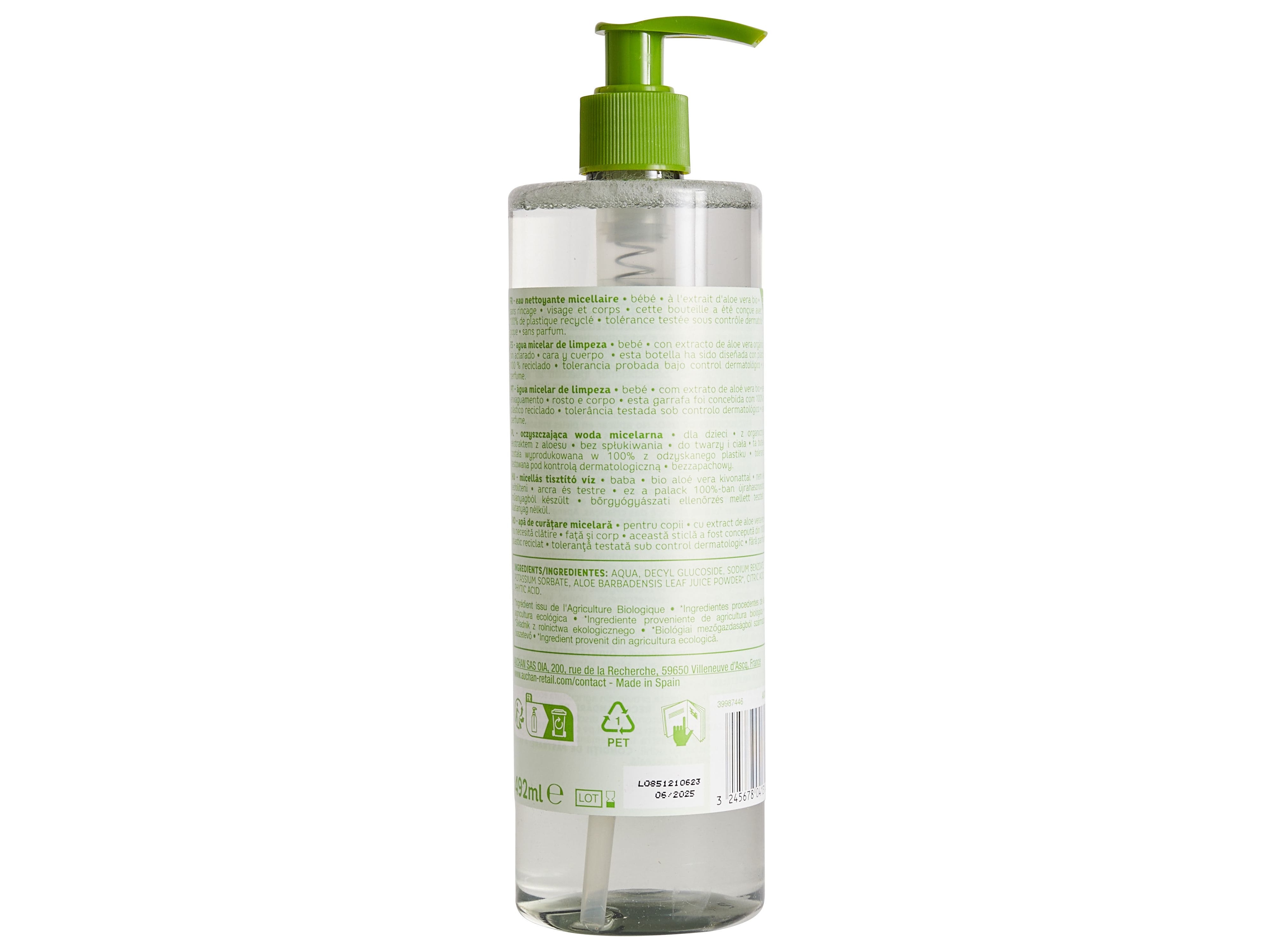ÁGUA DE LIMPEZA AUCHAN BABY BIO PUMP MICELAR 492ML