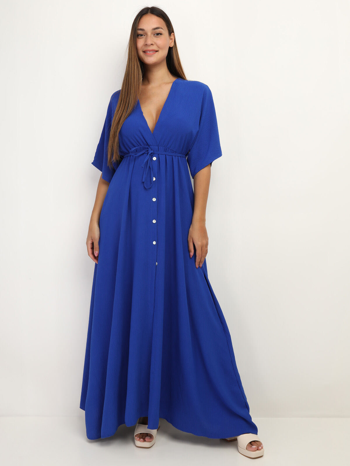 Robe longue boutonnée à fente- Bleu