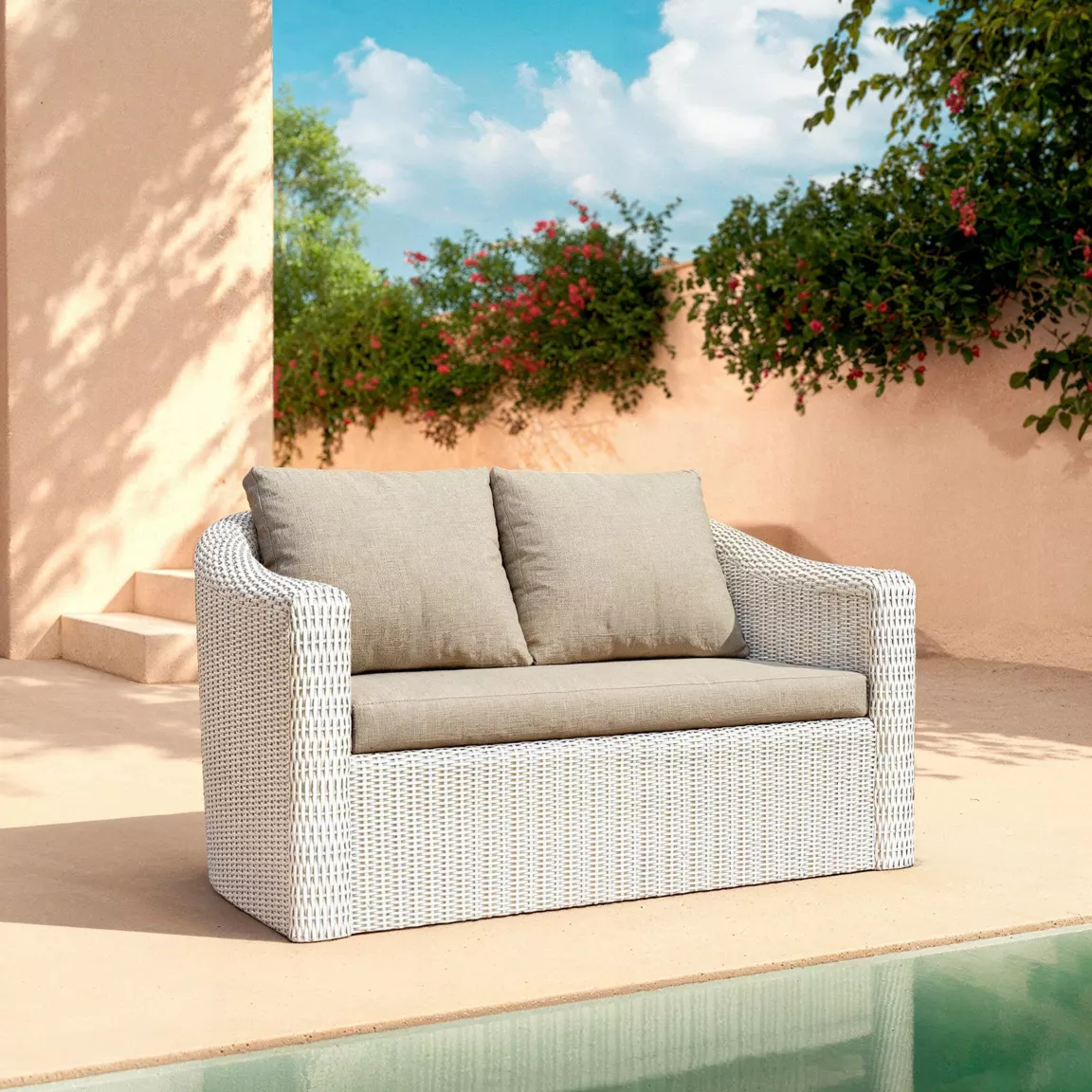 Salon de jardin en résine tressée 4 places 4 pcs Calvi Blanc et taupe