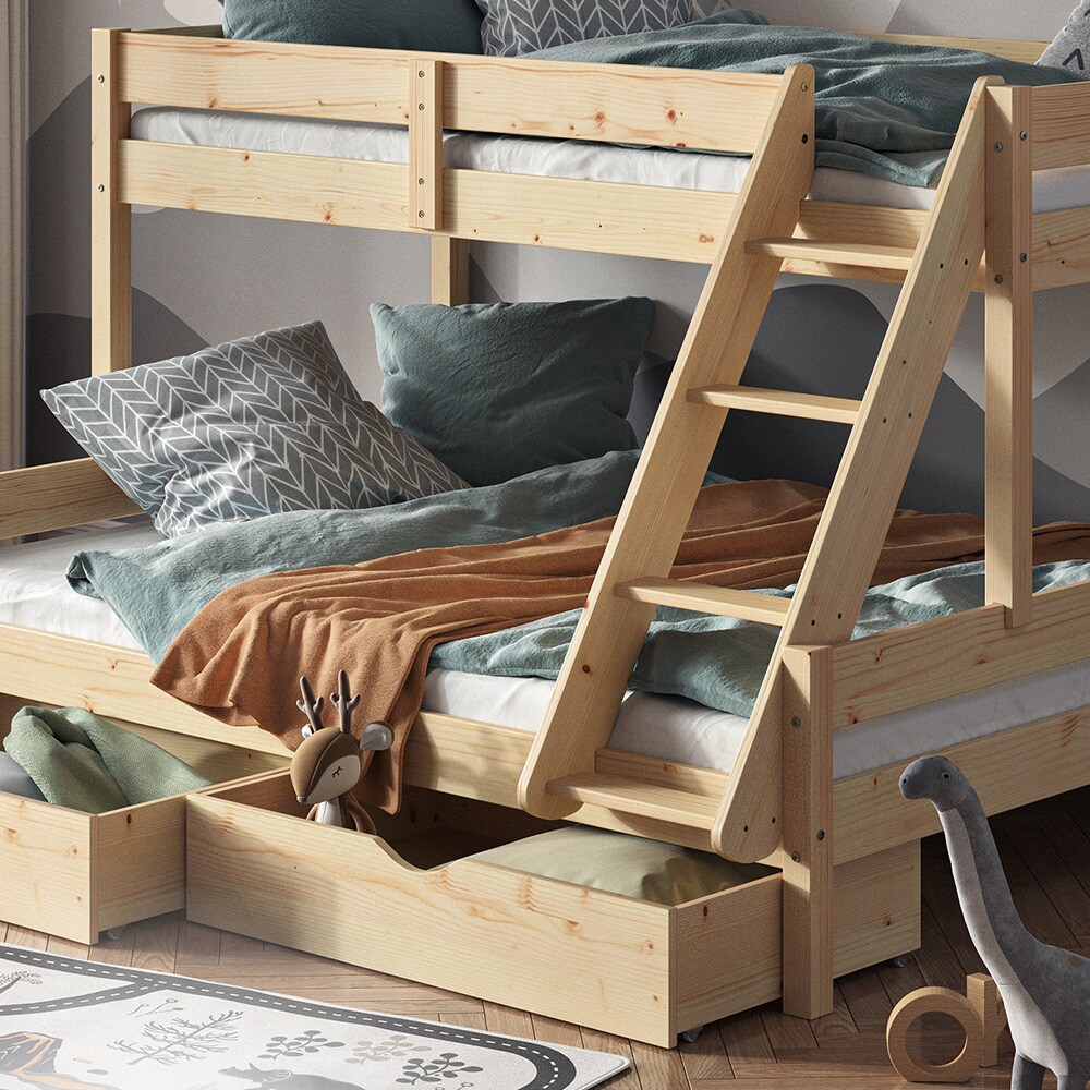 VitaliSpa Hochbett Kinderbett Spielbett Everest Natur modern 140x200 Massivholz Kinderzimmer Bett Lattenrost Bettleiter Kletterbett Doppelbett Geschwisterbett Bettschublade Rollschublade