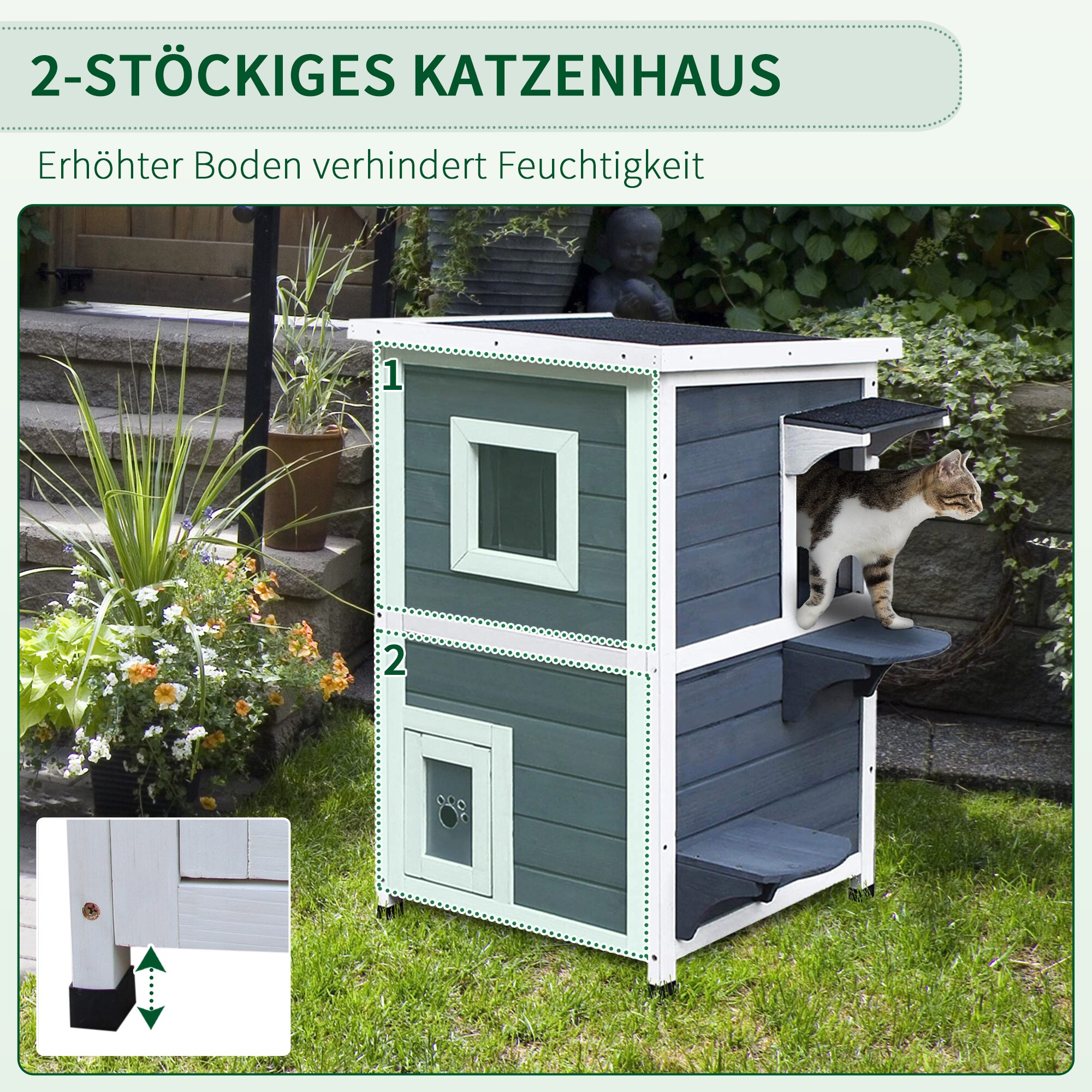 PawHut Katzenvilla mit 2 Etagen grau, weiß 51 x 51 x 81,3 cm (LxBxH)