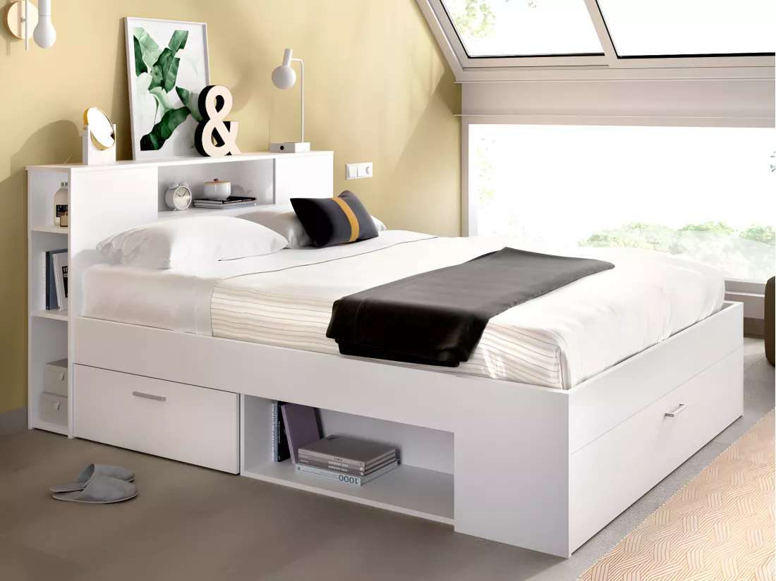 Lit avec tête de lit rangements et tiroirs - 140 x 190 cm - Coloris : Blanc + Sommier + Matelas - LEANDRE