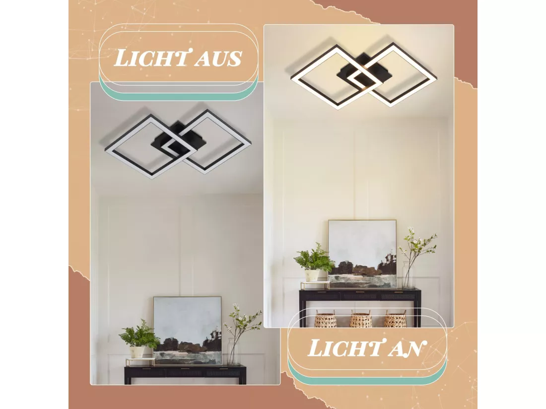 NETTLIFE Plafonnier LED 24W Noir Design Moderne Blanc Chaud Carré pour Salon Chambre Cuisine Couloir