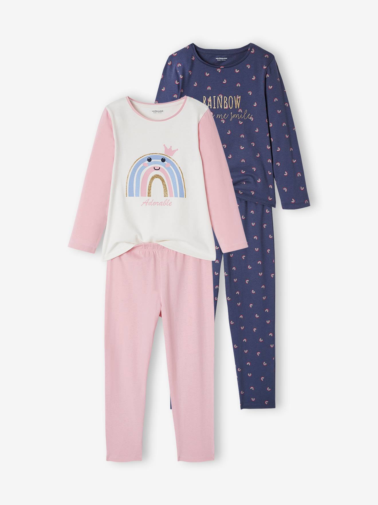 Conjunto com 2 pijamas arco-íris, tamanho médio infantil, lisinhos violeta com estampas.