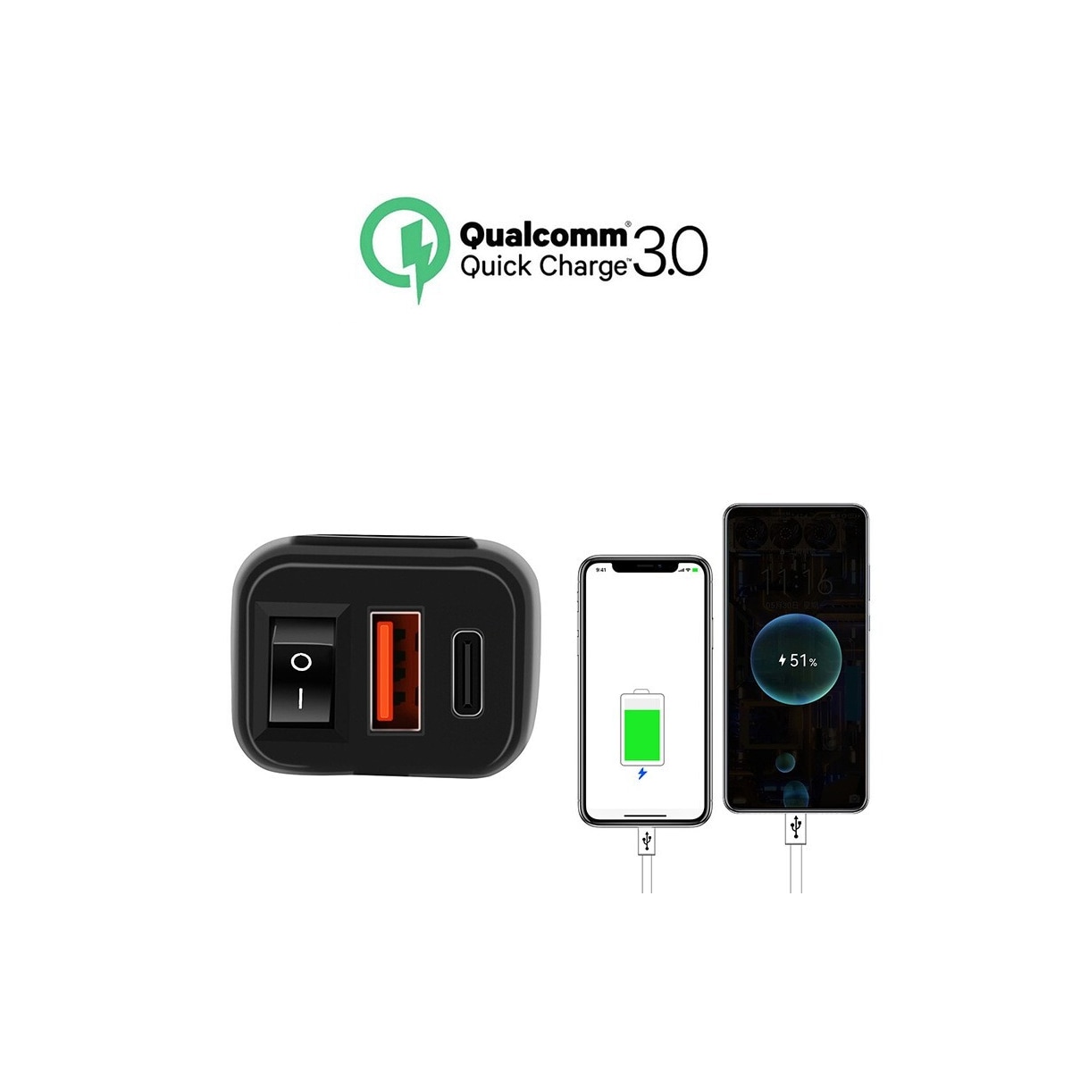 USB-C / USB hurtiglader for bil og motorsykkel Sort