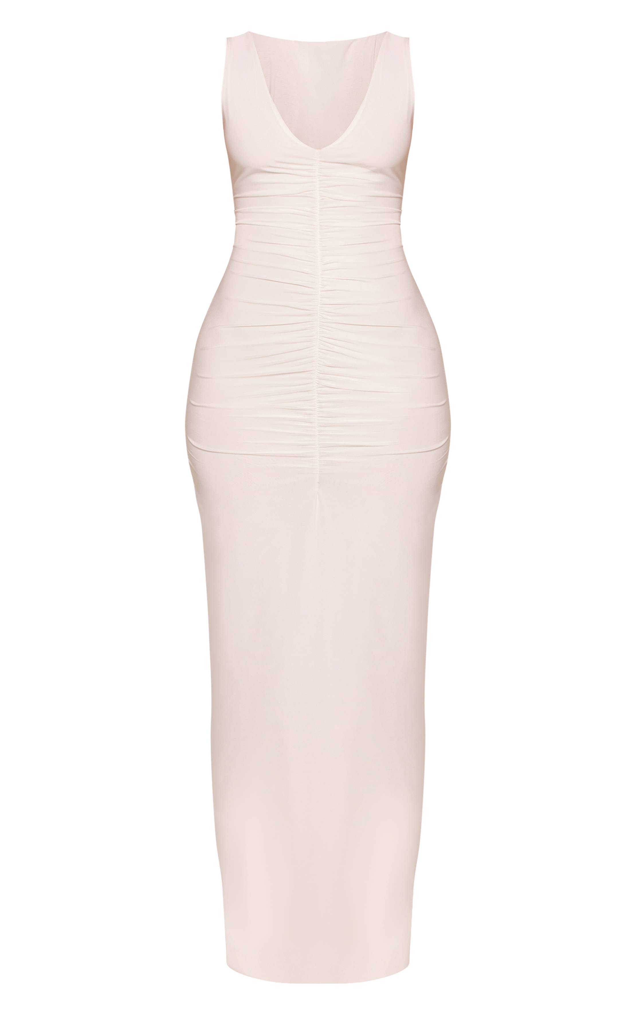 Crème Robe Maxi Moulante Froncée Col V Pour Petite Taille