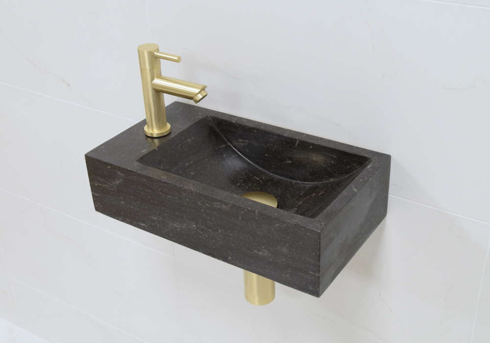 Lambini Designs Recto links natuursteen fonteinset met gouden kraan en toebehoren