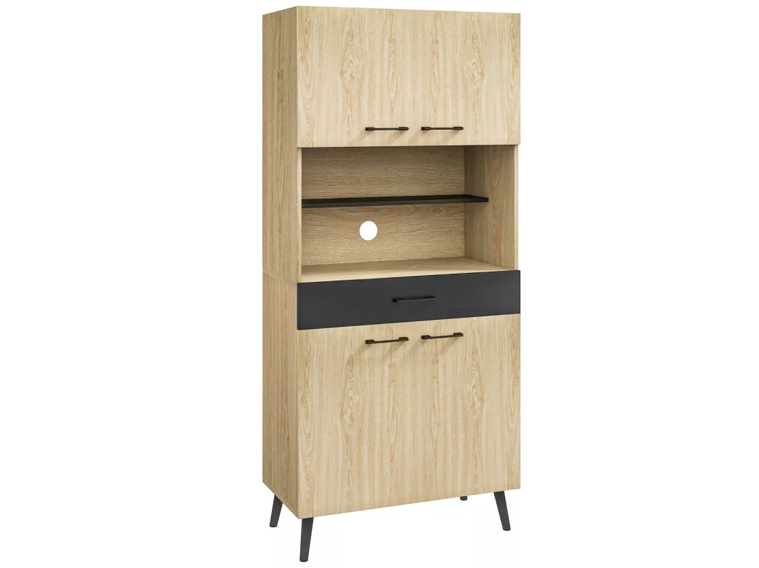 Buffet haut design industriel - 4 portes, 3 étagères, tiroir, niche - métal panneaux noir chêne clair