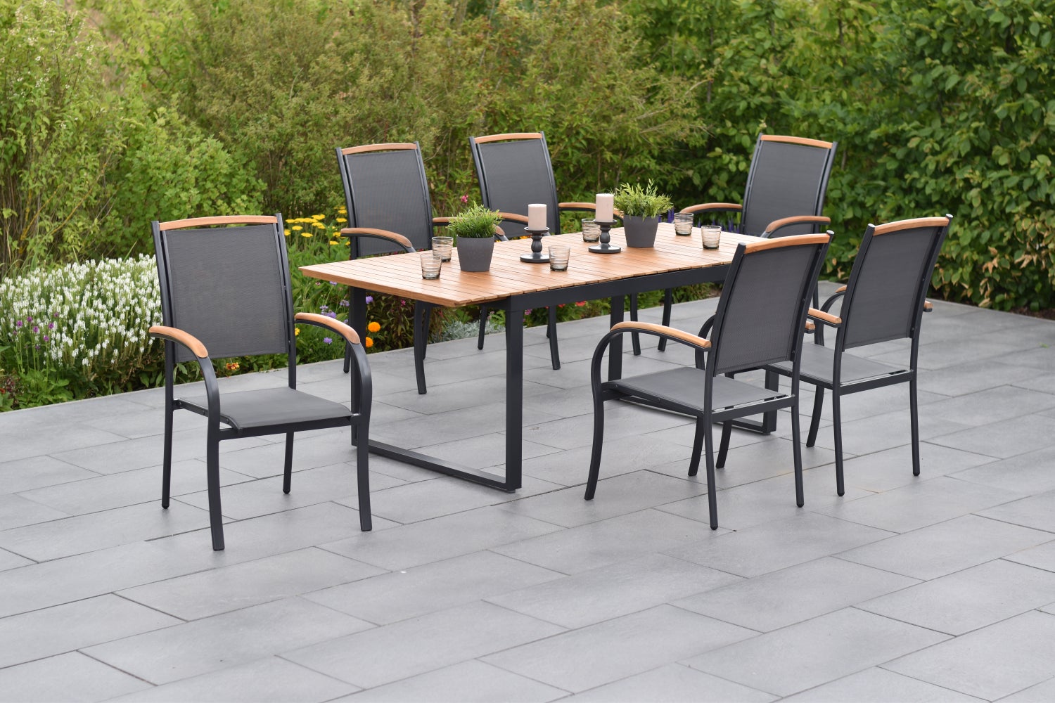 Siena 7-delige tuinmeubelset, stapelbare stoelen, uitschuifbare tafel 150 (200) x 90 cm, grafiet/grijs