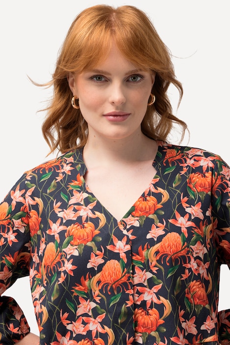 Tunikakleid, Magnolien, A-Linie, V-Ausschnitt, 3/4-Arm