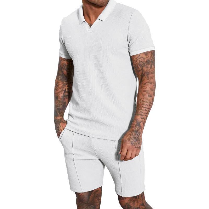 Dubbel Wit - Set: Effen top met korte mouwen en kraag + shorts