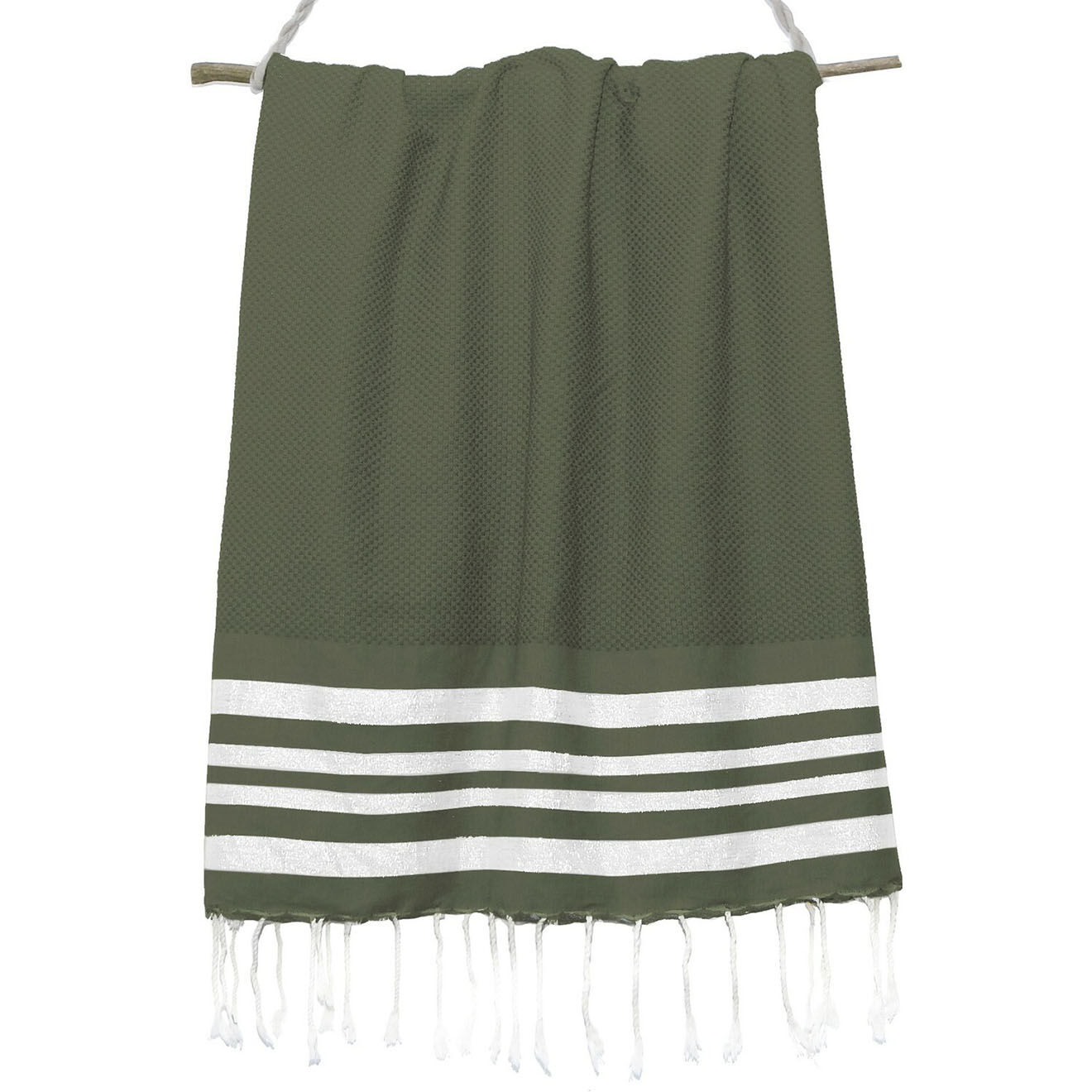 Febronie Fouta Nid d'abeille Hamptons Lurex vert kaki/argenté - 100x200 cm