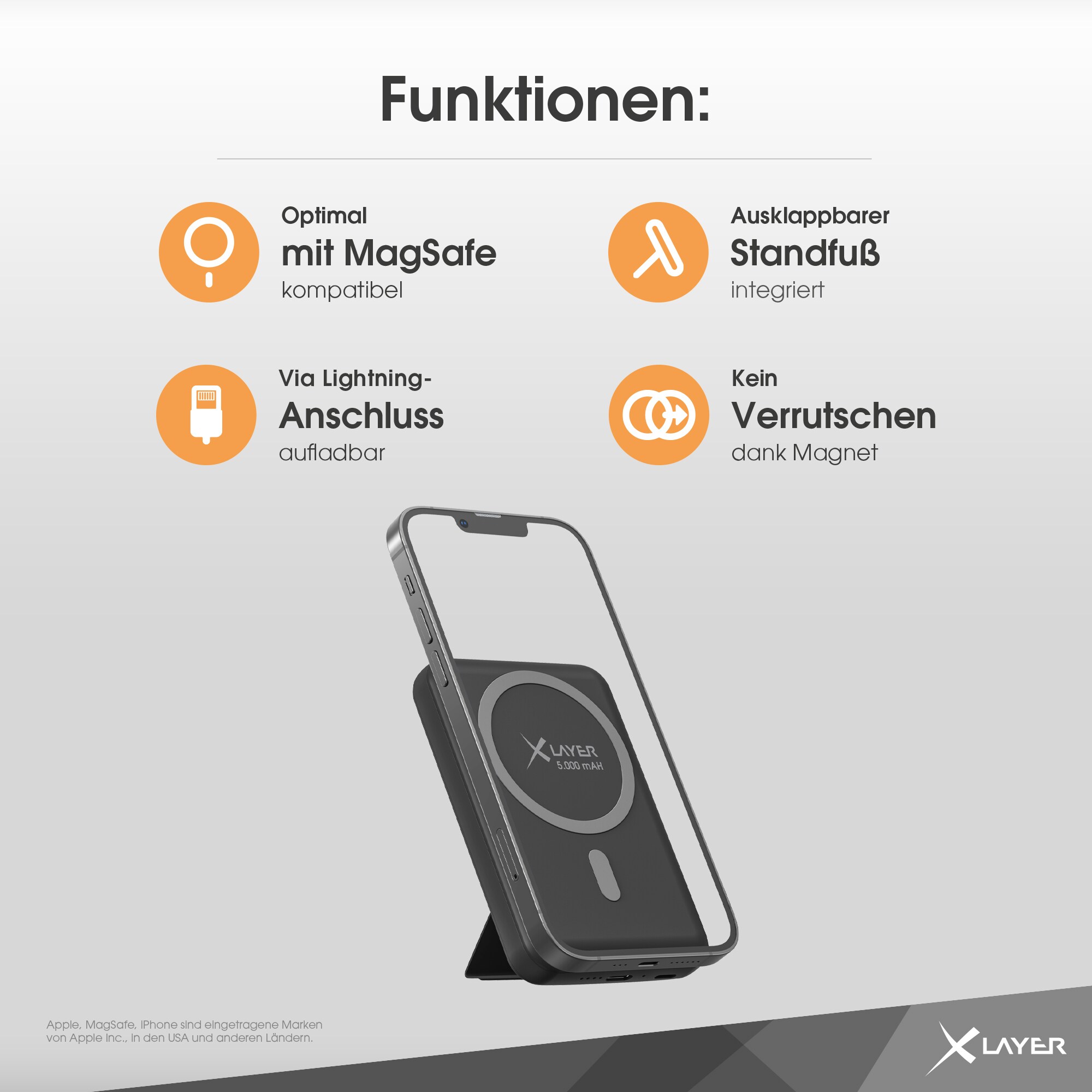 Xlayer WIRELESS Powerbank MagSafe 5000 mAh 2 in 1 mit Standfuß USB-C Magnetisch
