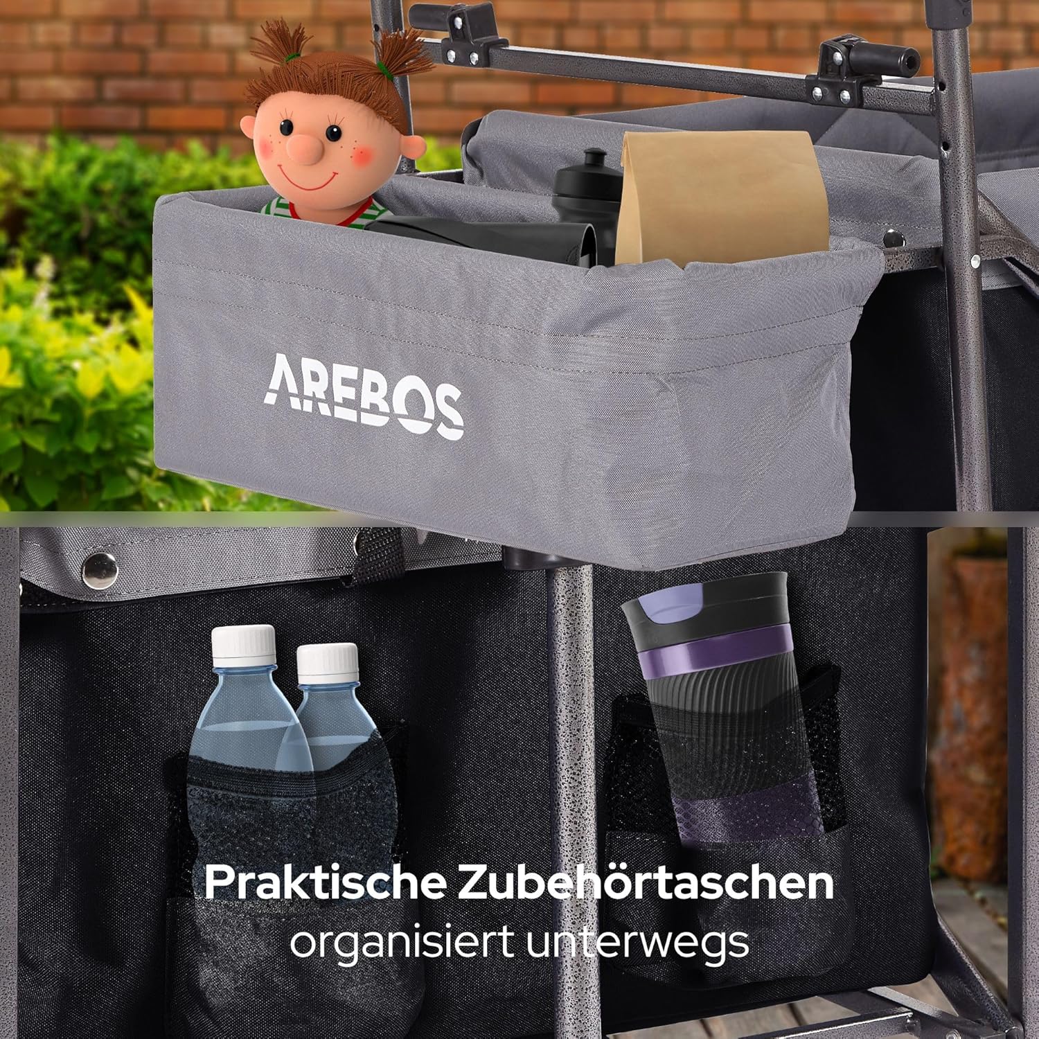 Arebos Bollerwagen faltbar mit Dach | Luxus Handwagen | Faltwagen | Transportwagen | XXL Tasche | klappbar | bis 100 kg | Gerätewagen | 360° Vorderräder | Schwarz
