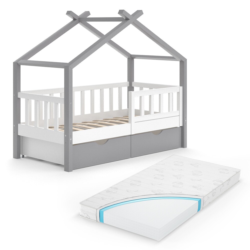 VitaliSpa Kinderbett Hausbett Einzelbett Design Weiß Grau modern 70x140 cm Kinderzimmer Bett Massivholz Lattenrost Schublade Rausfallschutz Schubladenbett Matratze