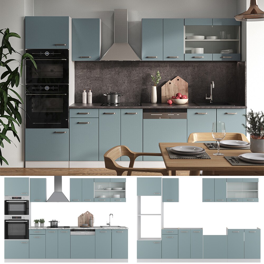 Vicco Küchenzeile R-Line Solid Weiß Blau Grau 300 cm Arbeitsplatte modern Küchenschränke Küchenmöbel