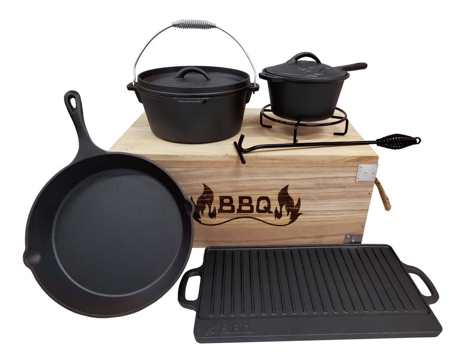 Dutch-Oven-Set 7-teilig / Gusseisen in Premiumqualität / mit Transportkiste