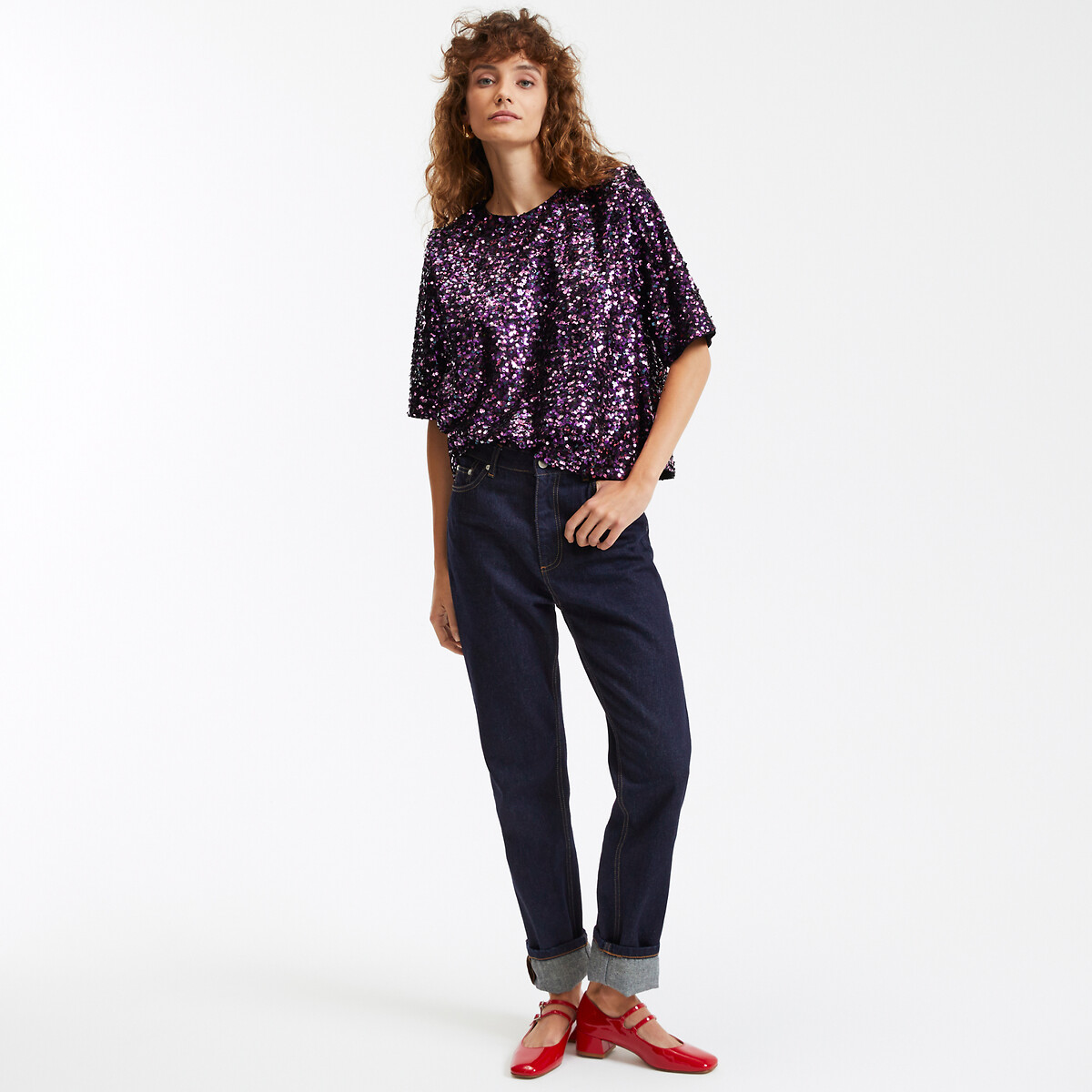 COLEÇÕES LA REDOUTE<br>Camisa com lantejoulas, gola redonda e mangas curtas