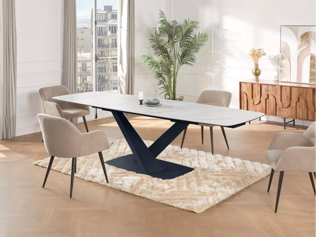 Table à manger extensible 6 à 10 personnes en verre trempé, céramique et métal - Effet marbre blanc et noir - MALATA de Maison Céphy